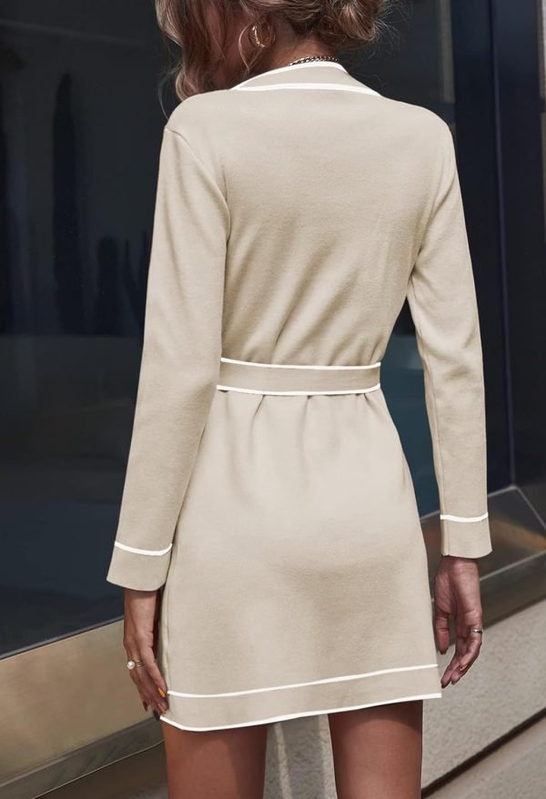 61PXfUlrHEL._AC_SL1500 Pink Queen Women's V Neck Long Sleeve Mini Dress Elegant Button Down Open Front Color Block Knit Sweater Cardiagns with Belt