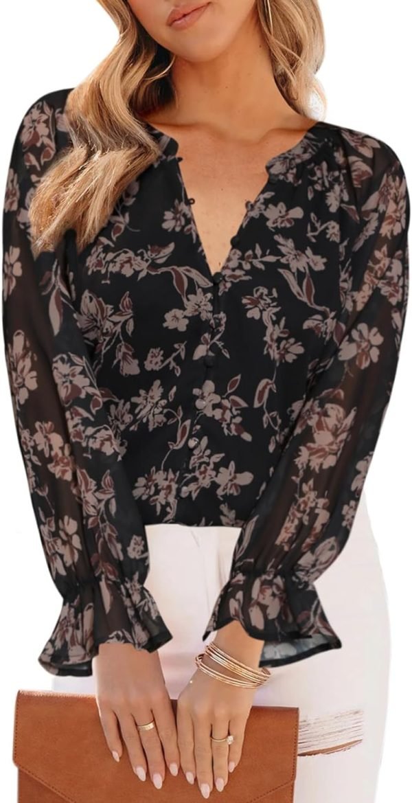 61Q8UmMgOJL._AC_SL1500 Womens Casual Boho Floral Print V Neck Long Sleeve Blouses Button Down Shirts Dressy Chiffon Loose Ruffle Tops