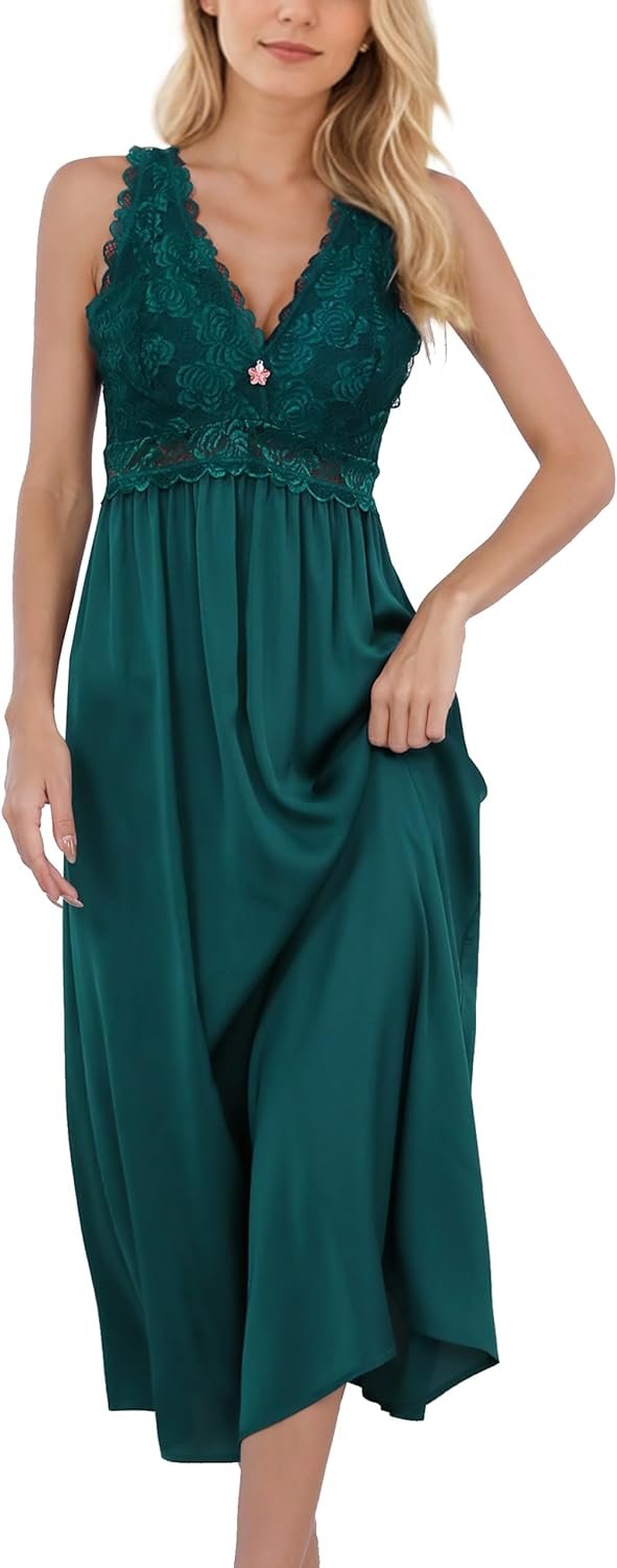 61QhYPuMjYL._AC_SL1500 Womens Nightgown Long Sexy Silky V neck Chemise Lace Sleeveless Sleepwear for women Elegant