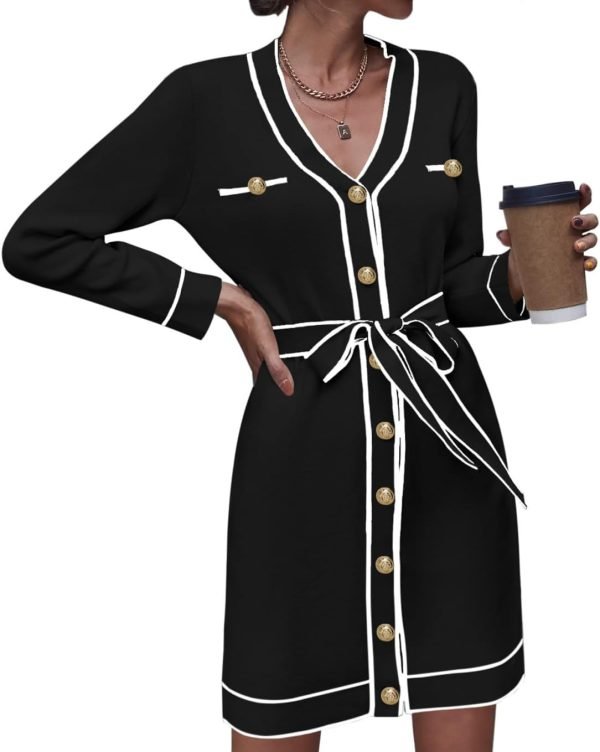 61Rt_xEz38L._AC_SL1358 Pink Queen Women's V Neck Long Sleeve Mini Dress Elegant Button Down Open Front Color Block Knit Sweater Cardiagns with Belt