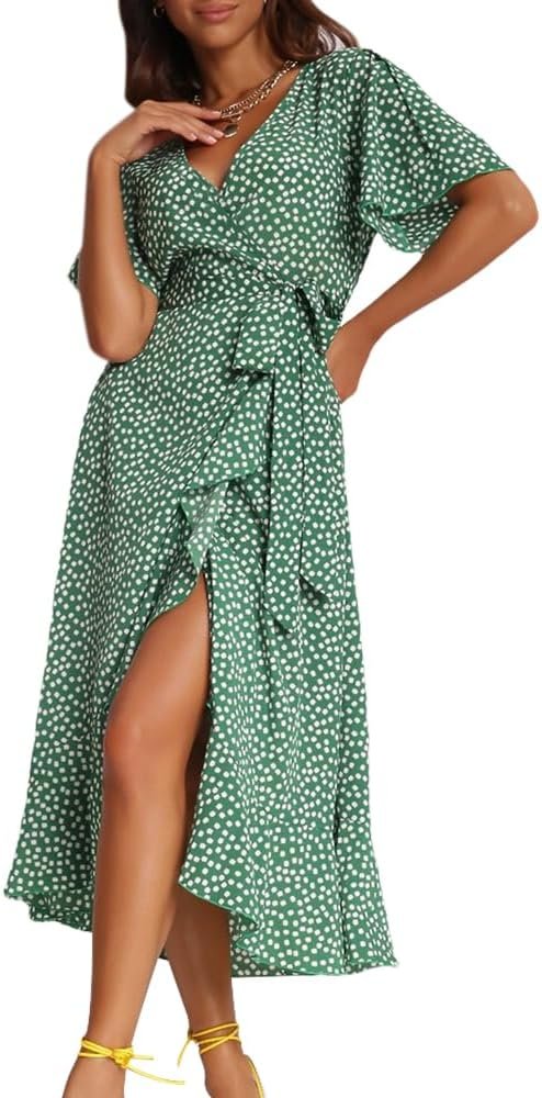 61T-rdL4_AL._AC_SL1000 Women's Short Sleeve Satin Dress Button Down with Belt Maxi Shirt Dresses