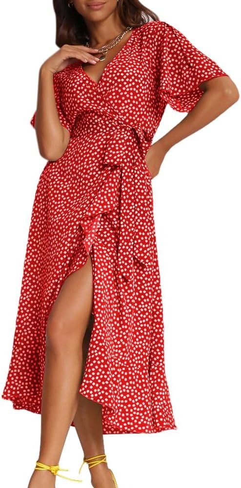 61TDU3JsomL._AC_SL1000 Women's Short Sleeve Satin Dress Button Down with Belt Maxi Shirt Dresses