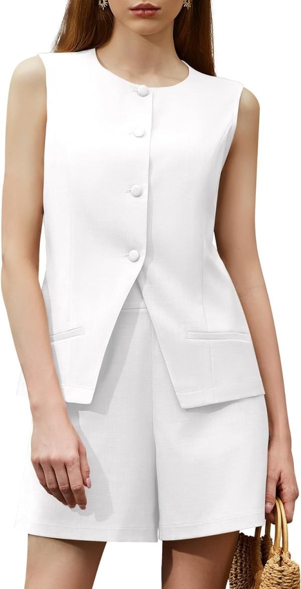 61XzkDSGksL._AC_SL1500 Women's Summer 2 Piece Outfits Sleeveless Round Neck Button Down High Waisted Pants 2024 Business Work Sets