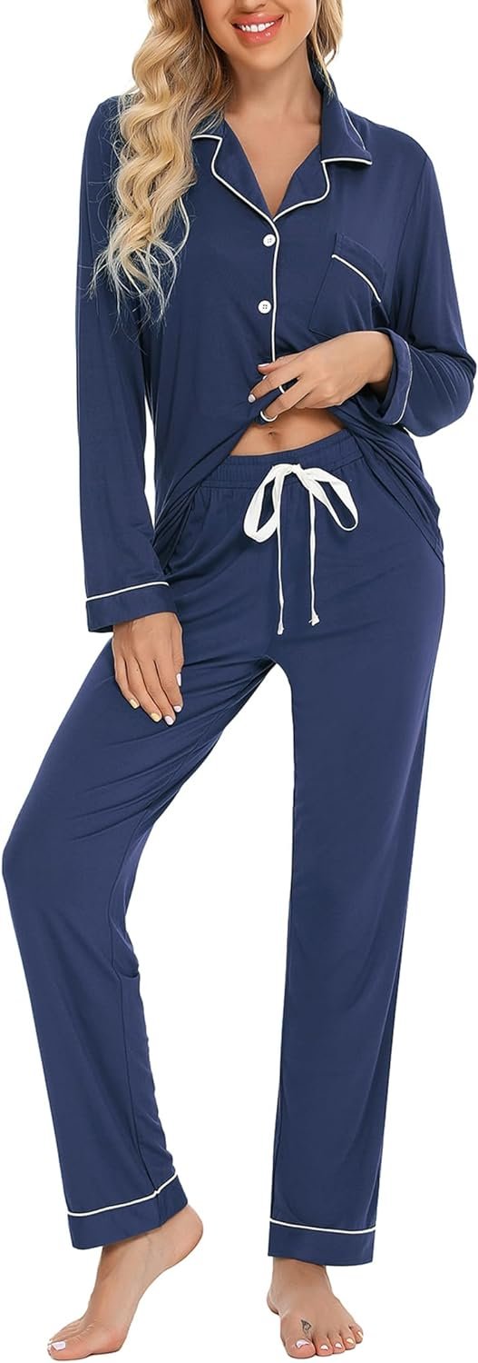 61YI_J8oU6L._AC_SL1500 Pajamas Set Long Sleeve Womens Button Down Sleepwear Two Piece Nightwear Soft Pj Lounge Sets S-XXL