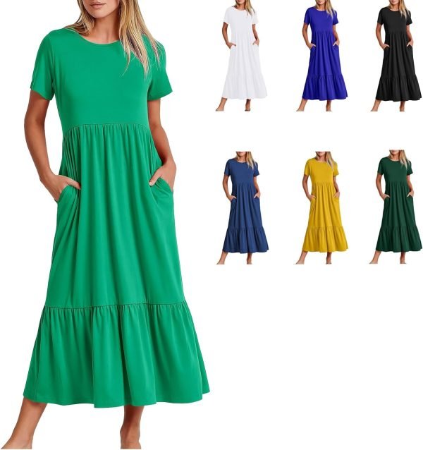 Womens Summer Dresses Casual Short Sleeve Crewneck Swing Dress Casual Tiered t Shirt Dress with Pockets 2024 Trendy Outfits