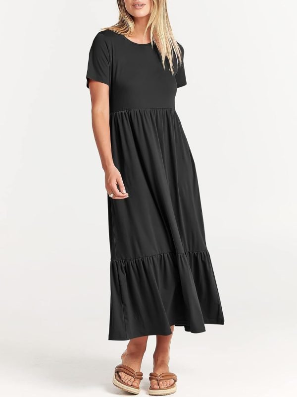 61ZaM31QKzL._AC_SL1500 Women's Summer Casual Short Sleeve Crewneck Swing Dress Flowy Tiered Maxi Beach Dress with Pockets