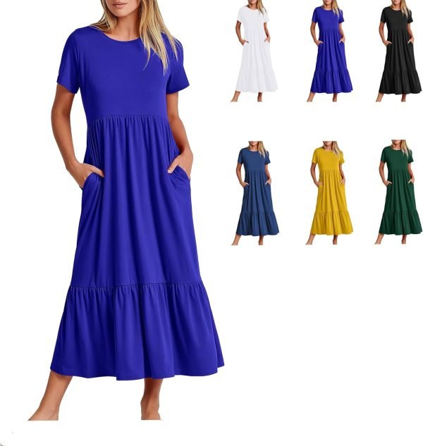 Womens Summer Dresses Casual Short Sleeve Crewneck Swing Dress Casual Tiered t Shirt Dress with Pockets 2024 Trendy Outfits