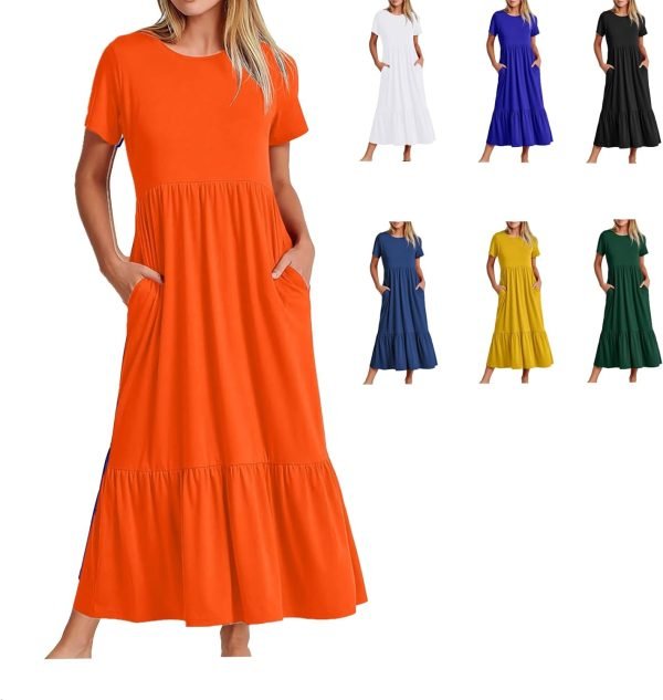 Womens Summer Dresses Casual Short Sleeve Crewneck Swing Dress Casual Tiered t Shirt Dress with Pockets 2024 Trendy Outfits