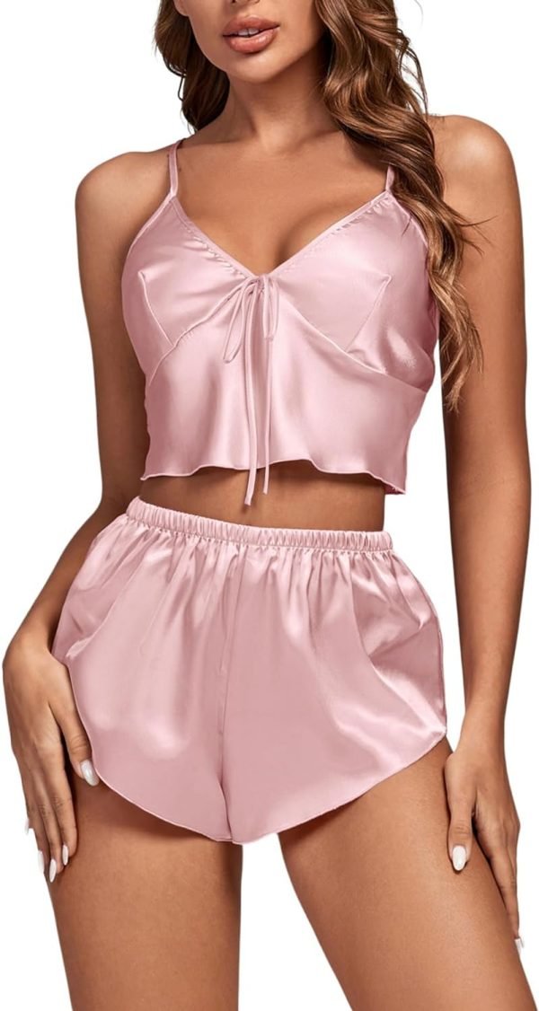 61_yZZxrUyL._AC_SL1500 Women's 3Pcs Pajamas Satin Cami Top and Shorts with Robe Sleepwear Set