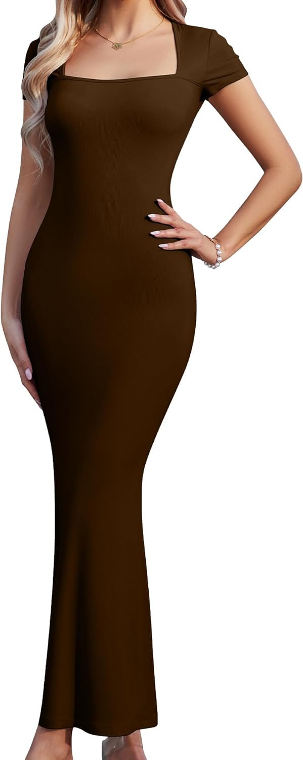 61alXVaESdL._AC_SL1500 Women's Summer Casual Bodycon Maxi Dress Square Neck Short Sleeve Ribbed Dresses Cocktail Long Dress