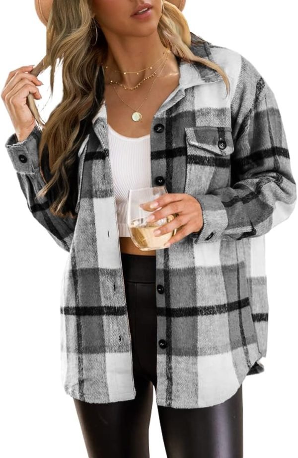 61cEEcbmuRL._AC_SL1200 Trendy Queen Womens Flannel Shacket Jacket Casual Plaid Button Down Long Sleeve Shirt Fall Clothes Outfits