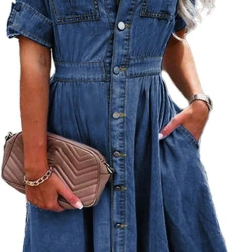 61dSbld8ohL._AC_SL1500 Women Denim Shirt Dress V Neck Short Sleeve Long Bottom Down A-Line Jeans Dresses with Pockets