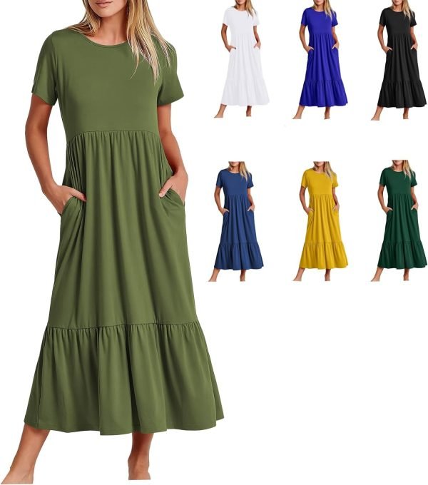 Womens Summer Dresses Casual Short Sleeve Crewneck Swing Dress Casual Tiered t Shirt Dress with Pockets 2024 Trendy Outfits
