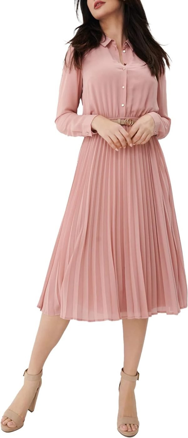 61dindLxg-L._AC_SL1500 Business Casual Shirt Dress for Women Long Sleeves Pleated Midi Dresses with Belt