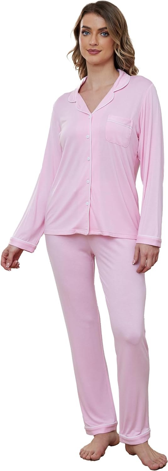 61eNvui9KBL._AC_SL1500 Button Up Pajamas for Women Long Sleeve Sleepwear Soft Loungewear Ladies Pjs Set XS-XXL