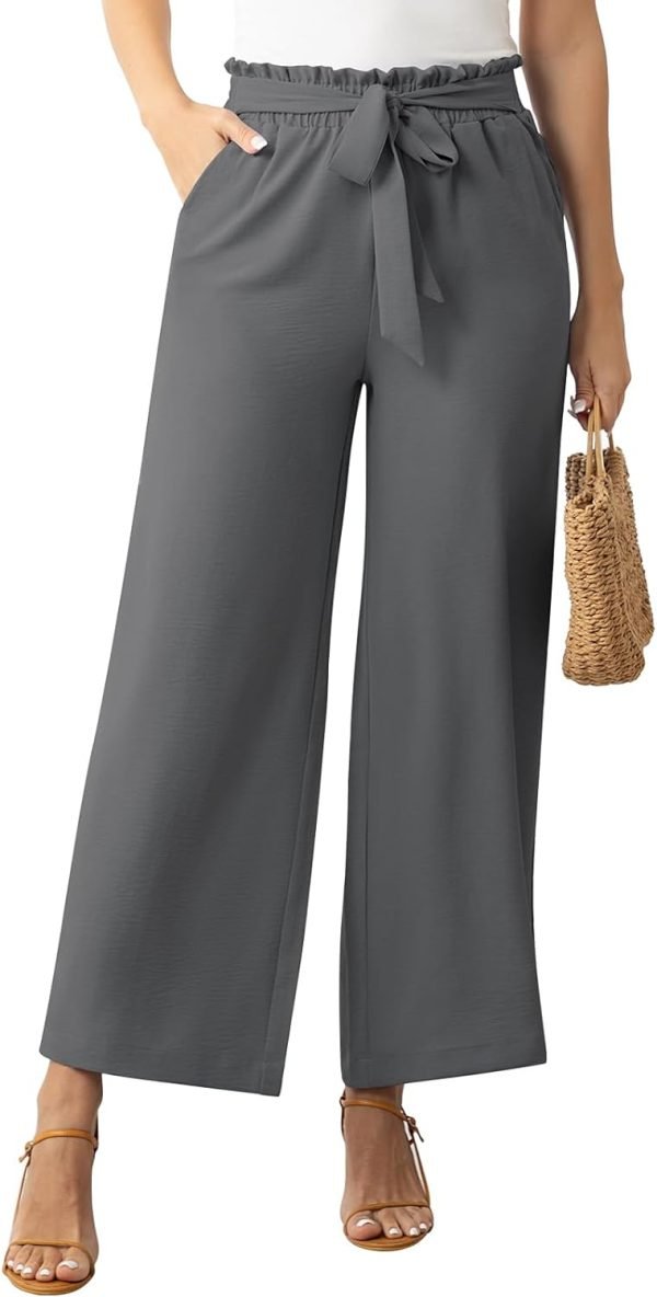 Womens Wide Leg Lounge Pants High Waisted Business Work Casual Pants Adjustable Tie Knot Loose Trousers with Pocket