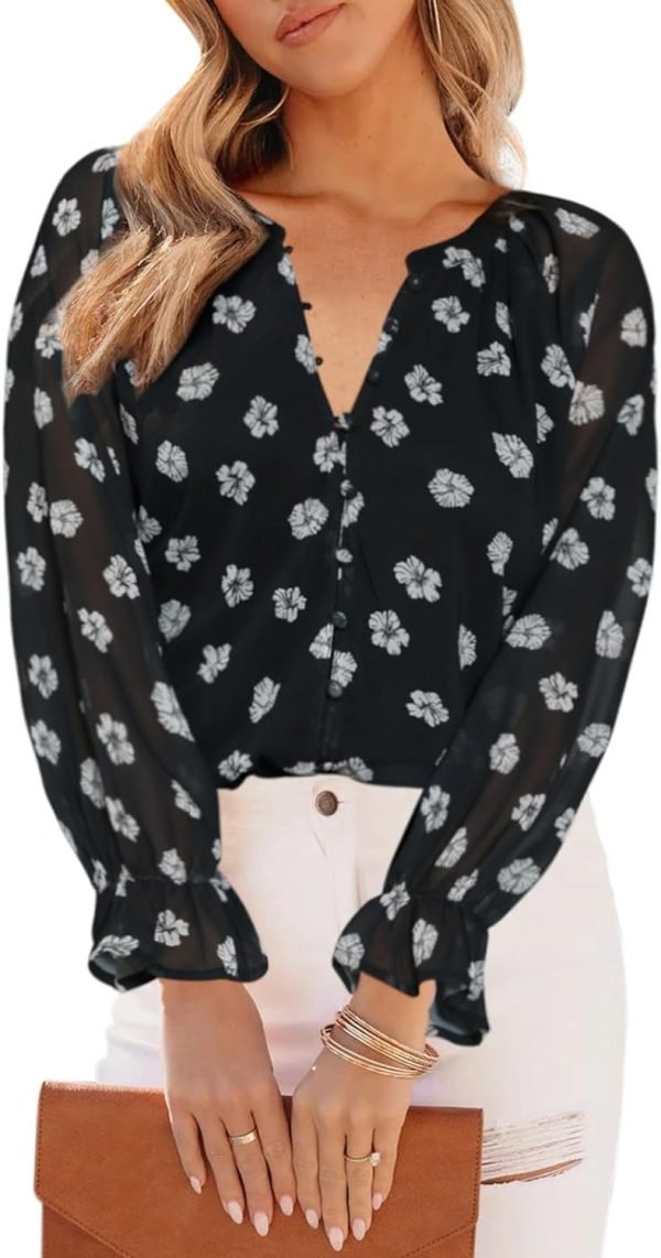 61ejN-TIF3L._AC_SL1500 Womens Casual Boho Floral Print V Neck Long Sleeve Blouses Button Down Shirts Dressy Chiffon Loose Ruffle Tops