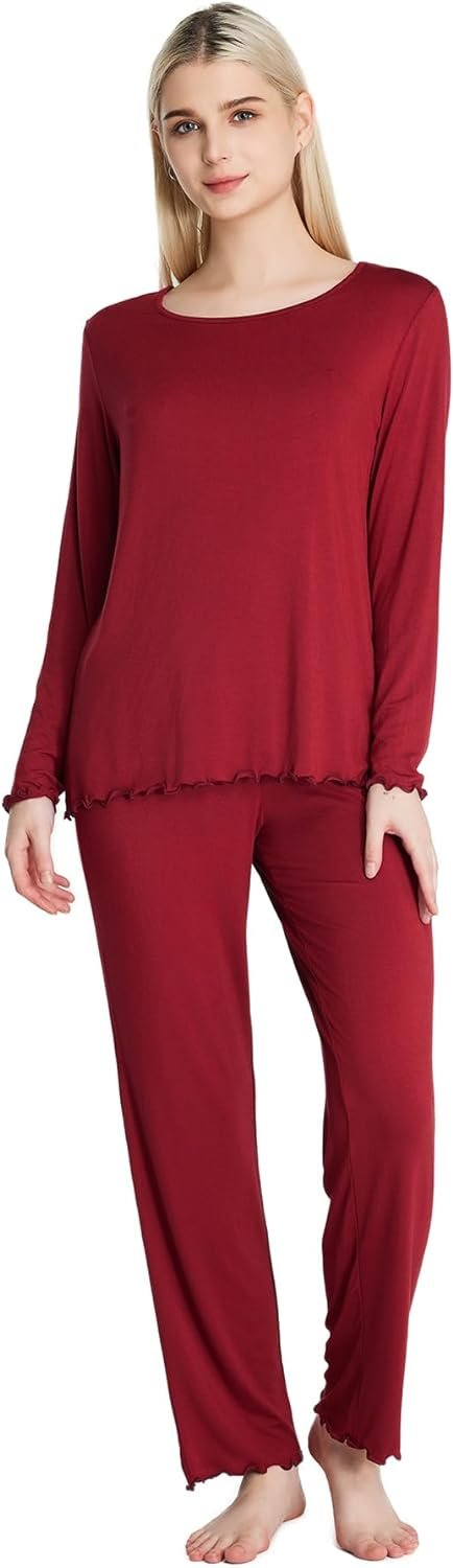 61eloPrudTL._AC_SL1500 Loungewear Set pajamas Womens sleepwear Bamboo Viscose Long Sleeve t shirt Long Pants Super Soft Novelty Pjs Set