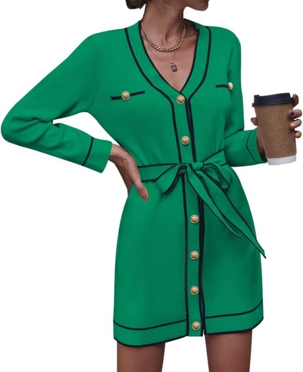 61epekaEF3L._AC_SL1358 Pink Queen Women's V Neck Long Sleeve Mini Dress Elegant Button Down Open Front Color Block Knit Sweater Cardiagns with Belt