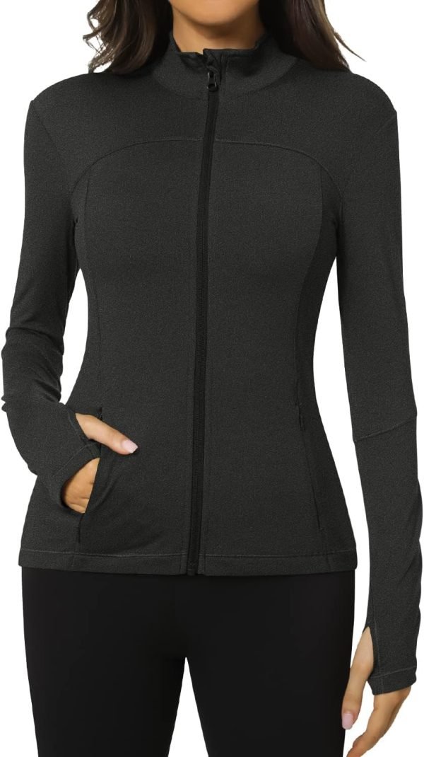 61essxLhFCL._AC_SL1500 Workout Jackets for Women Full Zip Athletic Running Track Jacket with Pockets Slim Fit Yoga Jacket with Thumb Holes