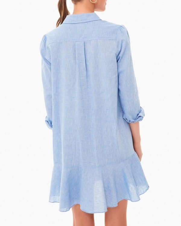 61fN1l0TjjL._AC_SL1500 Women's Tunic Mini Shirt Dress Cotton Long Sleeve Ruffle Hem Dress Button Up Shift Chambray Dresses