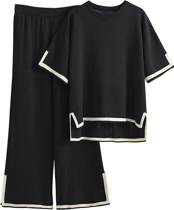 61gbjLeVl-L._AC_SL1500 Womens Knit 2 Piece Sweater Sets Short Sleeve Pullover Tops Elastic Waist Wide Leg Pants Lounge Set