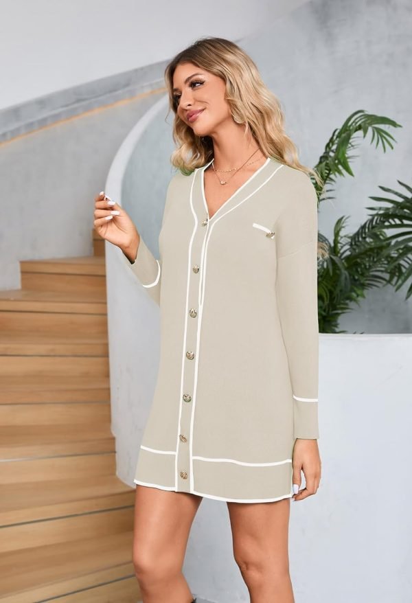 61idP11hgpL._AC_SL1500 Pink Queen Women's V Neck Long Sleeve Mini Dress Elegant Button Down Open Front Color Block Knit Sweater Cardiagns with Belt