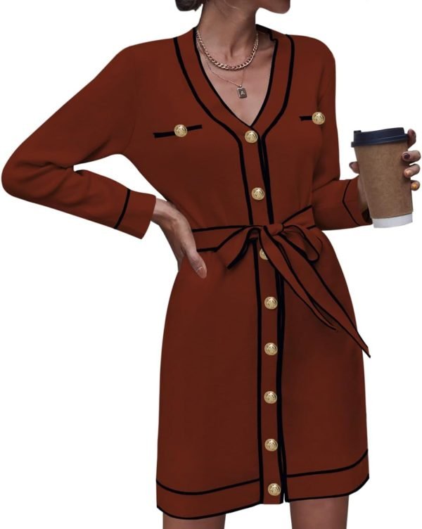 61jOmPZL8CL._AC_SL1358 Pink Queen Women's V Neck Long Sleeve Mini Dress Elegant Button Down Open Front Color Block Knit Sweater Cardiagns with Belt