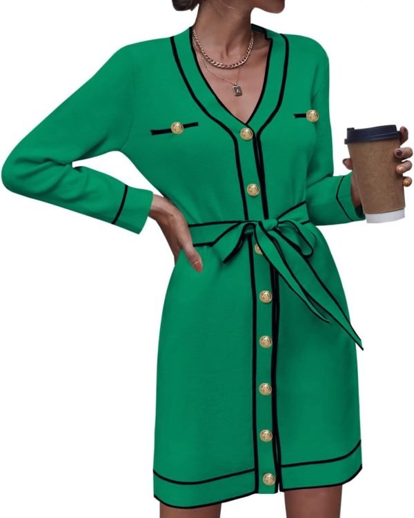 61jj3bZtDvL._AC_SL1358 Pink Queen Women's V Neck Long Sleeve Mini Dress Elegant Button Down Open Front Color Block Knit Sweater Cardiagns with Belt