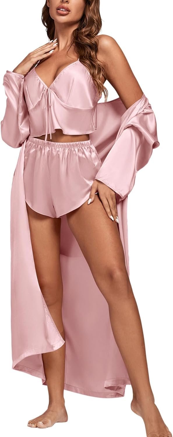 61knSg0gC3L._AC_SL1500 Women's 3Pcs Pajamas Satin Cami Top and Shorts with Robe Sleepwear Set
