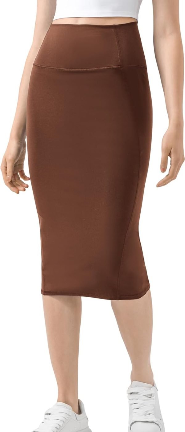 61o3N7BLttL._AC_SL1500 Women Office Work Pencil Skirts Stretchy High Waist Tummy Control Nylon Midi Bodycon Skirts Below Knee Back Slit