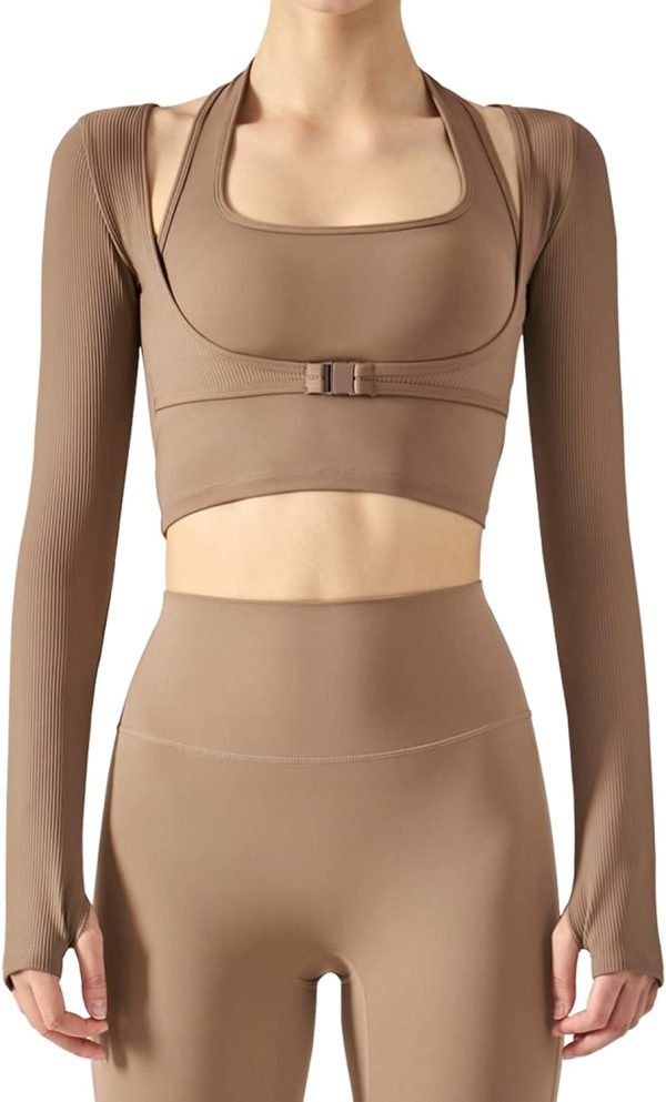 Women's Stretch Cutout Yoga Sports Jacket Long Sleeve Crop Top T Shirts with Thumb Holes