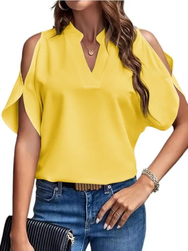 61oOMaBGkDL._AC_SL1067 Women's Cold Shoulder Tops Summer Fashion Short Sleeve V Neck Casual Loose Solid Color Blouse Shirts