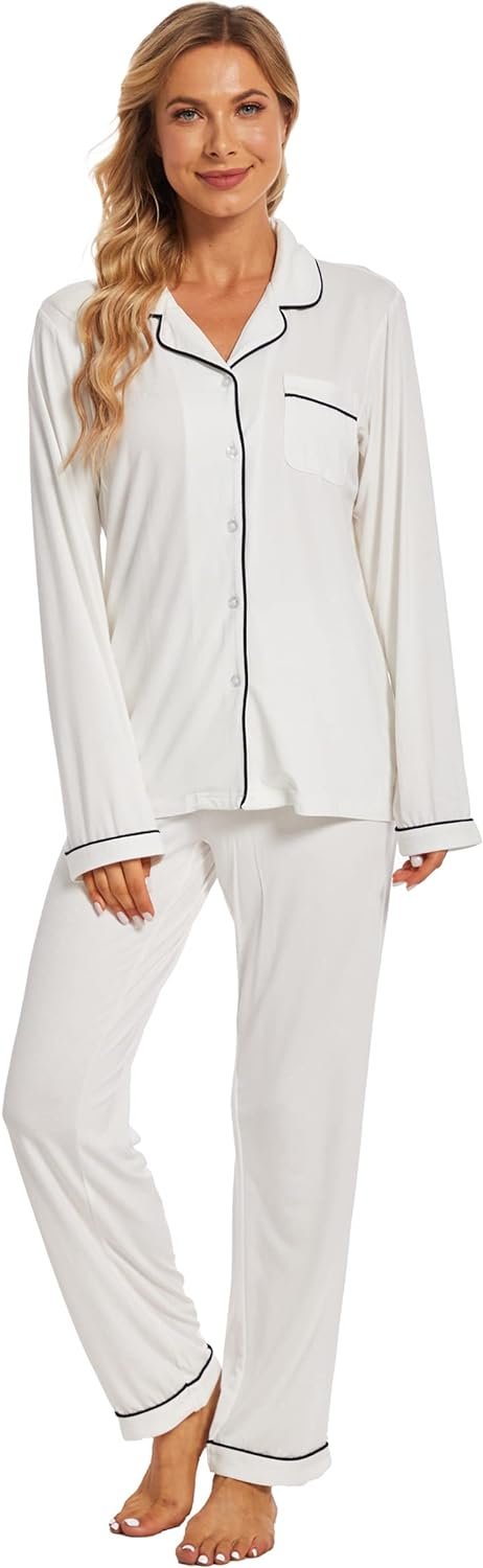 61qEHieq1hL._AC_SL1500 Button Up Pajamas for Women Long Sleeve Sleepwear Soft Loungewear Ladies Pjs Set XS-XXL