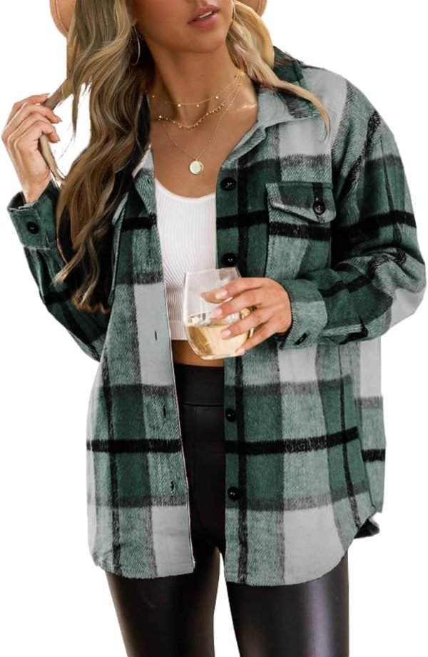 61r_krMGDxL._AC_SL1200 Trendy Queen Womens Flannel Shacket Jacket Casual Plaid Button Down Long Sleeve Shirt Fall Clothes Outfits