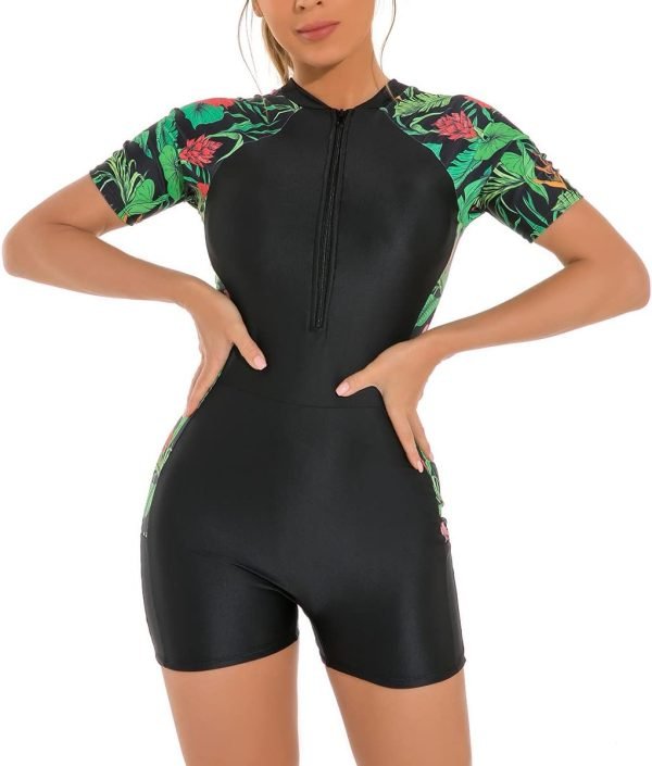 61sDewh-yiL._AC_SL1200 Women Zipper Rash Guard Sleeves Sun Protection Surf Rashguard Boyleg One Piece Sport Swimsuit Padded Bathing Suits
