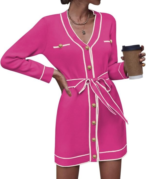 61t9W-6-0KL._AC_SL1358 Pink Queen Women's V Neck Long Sleeve Mini Dress Elegant Button Down Open Front Color Block Knit Sweater Cardiagns with Belt