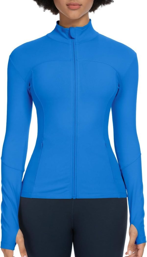 61uXnoSoWPL._AC_SL1500 Workout Jackets for Women Full Zip Athletic Running Track Jacket with Pockets Slim Fit Yoga Jacket with Thumb Holes
