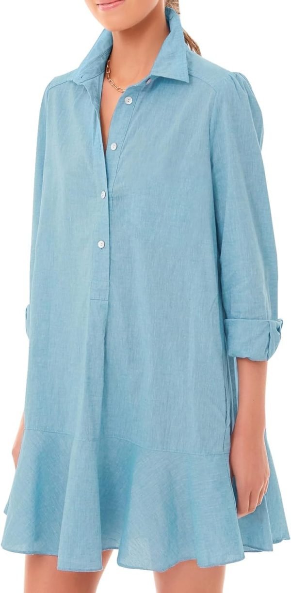 61vbF78oU4L._AC_SL1500 Women's Tunic Mini Shirt Dress Cotton Long Sleeve Ruffle Hem Dress Button Up Shift Chambray Dresses