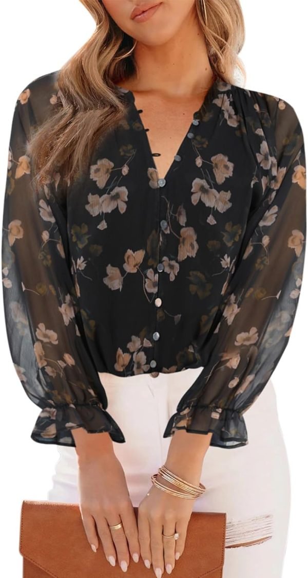 61veZLSDOOL._AC_SL1500 Womens Casual Boho Floral Print V Neck Long Sleeve Blouses Button Down Shirts Dressy Chiffon Loose Ruffle Tops