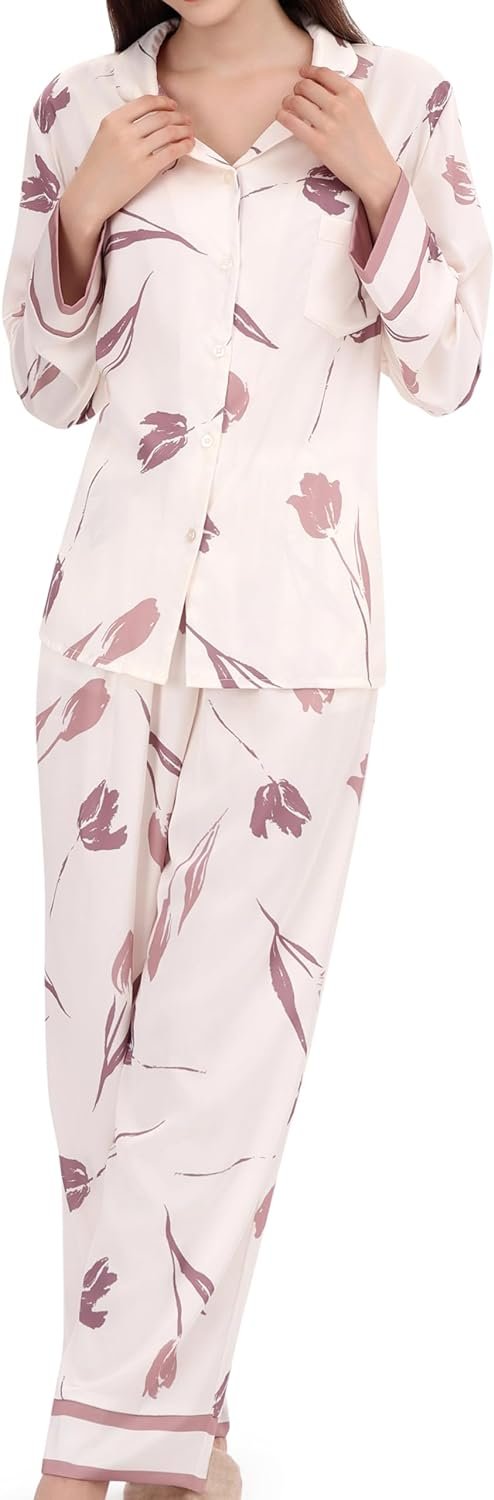 61vnUD5SlwL._AC_SL1500 Women's Silky Satin Pajamas Set Long sleeve and Pants Sleepwear Soft and Comfy Button Down Loungewear Relaxed Fit