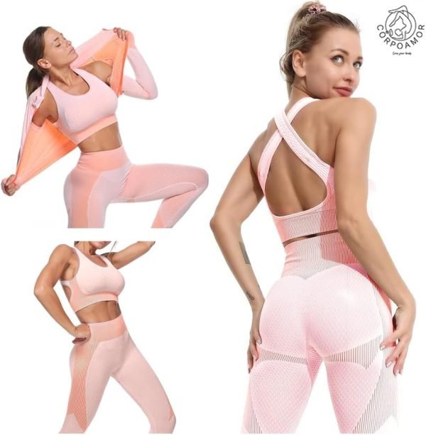 61w07aEnmvL._AC Women's 3 PC Seamless Gym Clothing Workout Outfit with Jacket Bra & Leggings Set