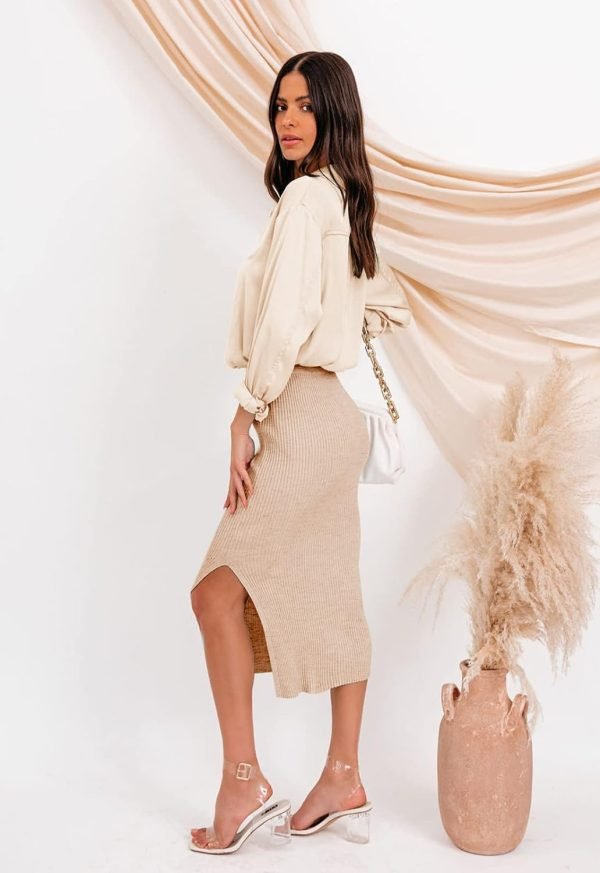 61yW0XdK0KL._AC_SL1500 Midi Pencil Basic Skirt Casual Solid Split Side Stretchy Ribbed Knit Bodycon Mid Length Skirts for Women