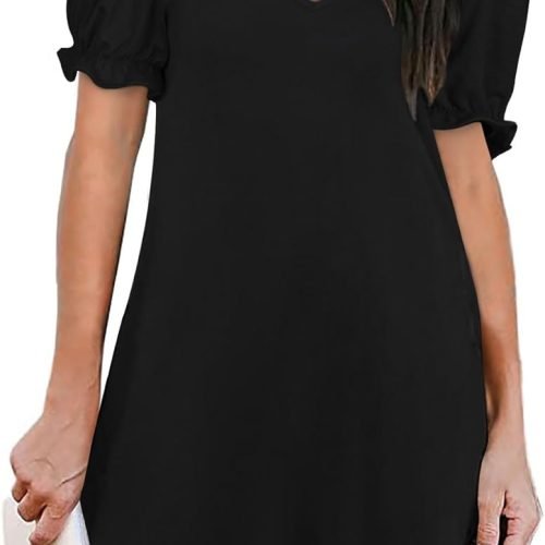 61yiz3TpQ-L._AC_SL1500 Women's Casual Dresses Puff Short Sleeve V-Neck Cocktail Dress with Pockets