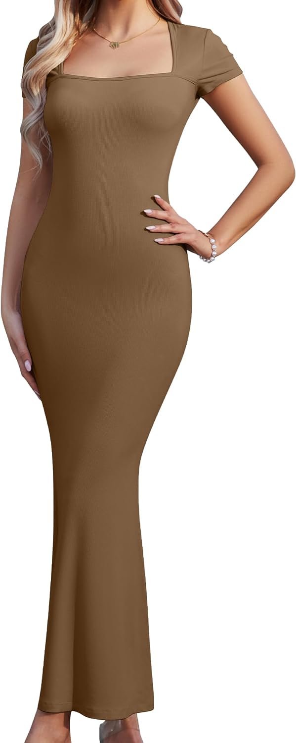 61z2mDMu6tL._AC_SL1500 Women's Summer Casual Bodycon Maxi Dress Square Neck Short Sleeve Ribbed Dresses Cocktail Long Dress