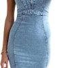 Women's Sleeveless Bodycon Denim Tank Dress Scoop Neck Zip Up Side Slit Stretchy Wrap Club Party Jean Midi Dresses