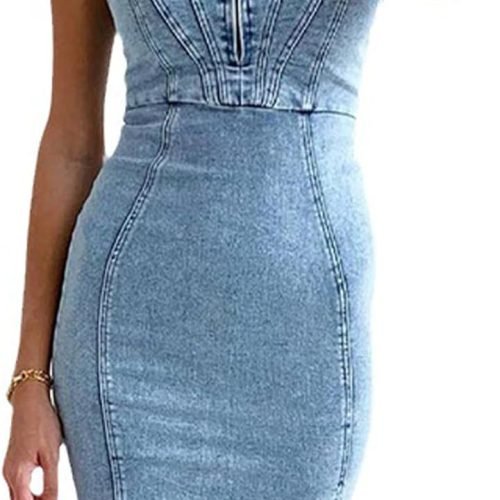 61zsl-GDYmL._AC_SL1500 Women's Sleeveless Bodycon Denim Tank Dress Scoop Neck Zip Up Side Slit Stretchy Wrap Club Party Jean Midi Dresses
