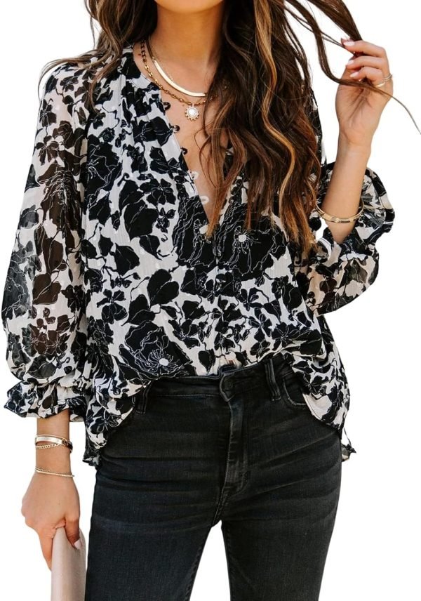 71-HMGdwsRL._AC_SL1500 Womens Casual Boho Floral Print V Neck Long Sleeve Blouses Button Down Shirts Dressy Chiffon Loose Ruffle Tops