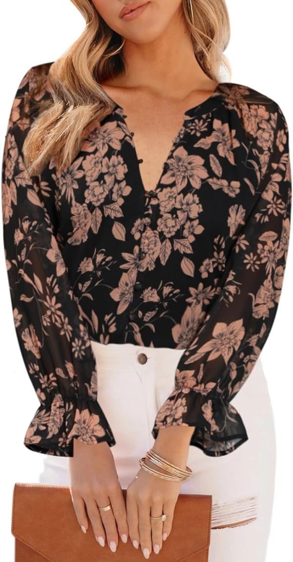 71-W0wX2C1L._AC_SL1500 Womens Casual Boho Floral Print V Neck Long Sleeve Blouses Button Down Shirts Dressy Chiffon Loose Ruffle Tops
