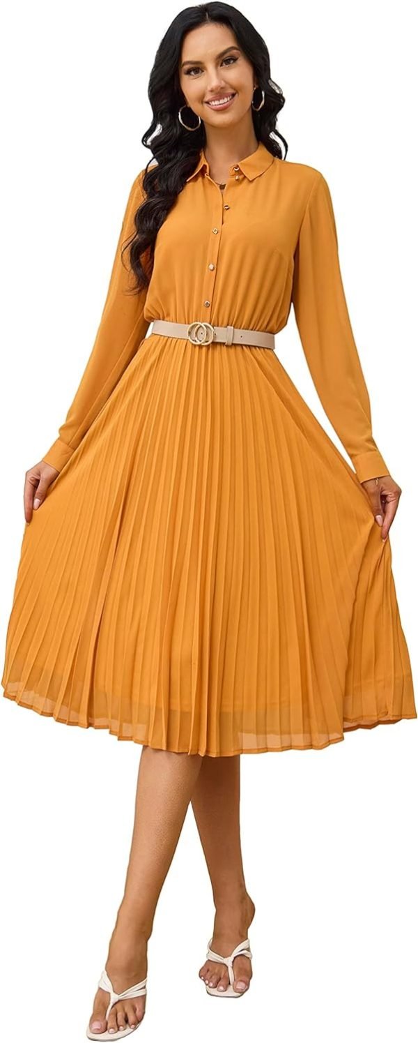 71-WKenAX5L._AC_SL1500 Business Casual Shirt Dress for Women Long Sleeves Pleated Midi Dresses with Belt